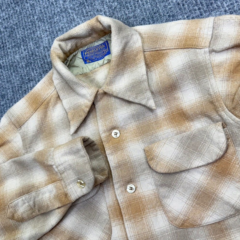 Pendleton Vintage Wool Board Shirt Tan Plaid Mens Small Made in USA